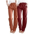 thumbnail image 2 of Jjayotai 2 Pack Womens Cotton Linen Casual Pants, Straight Leg Drawstring Elastic High Waist Loose Comfy Palazzo Trousers with Pockets Orange XL, 2 of 9