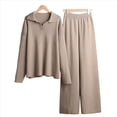 thumbnail image 4 of Conjuntos de Dos Piezas para Mujer, Sudadera de Larga con Cuello en V y Pantalones Anchos, Conjuntos de Chándal para Estar en Casa Caqui S, 4 of 10
