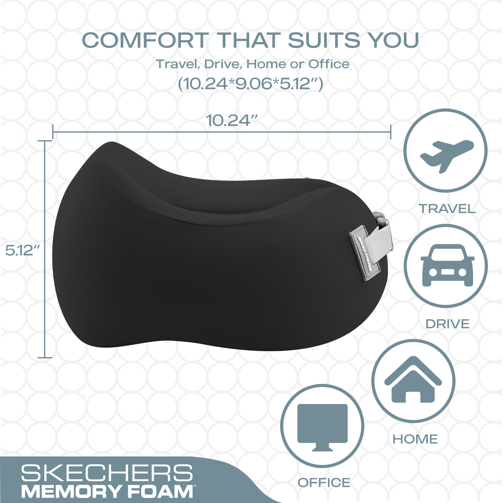 Skechers Memory Foam Car U-Shaped Neck Pillow,Ergonomic Support,Breathable Mesh,Removable Cover,for Car,Office,and Travel Black