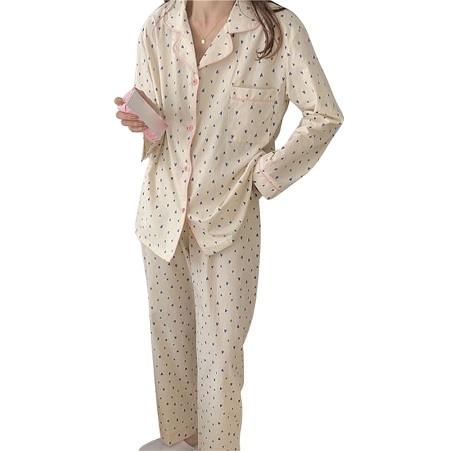 Pijama de manga larga para mujer, 2 piezas, informal, dulce, cómodo, con botones, ropa de dormir para estudiantes, primavera, otoño, azul, amor M