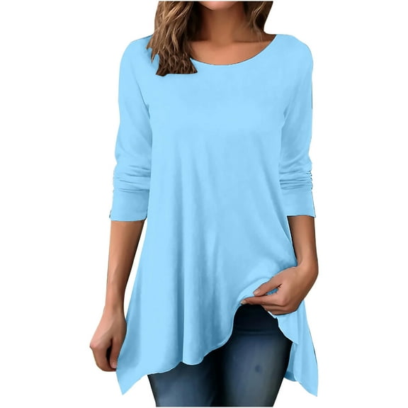 Honeeladyy Spring Solid Color Long Sleeve Shirts for Women,Solid Color Round Neck Pullover Irregular Hem Loose Tunic Tops for Work Vacation Gift Blue XXXL