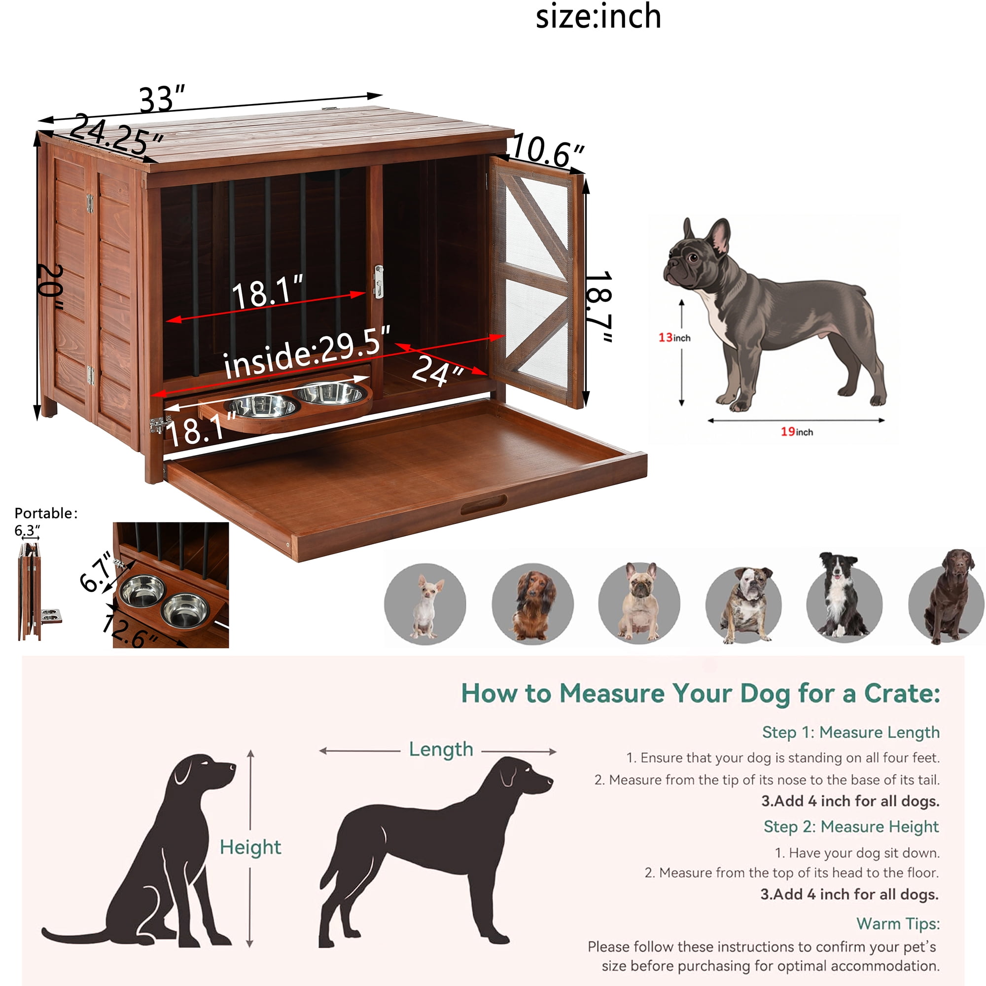 Euroco 33" Solid Wood Dog Crate Furniture, Foldable Indoor Kennel with 360° Rotating Feeder Multi-Functional End Table for Small & Medium Dogs, Portable Pet Cage with Removable Tray & Easy Assembly