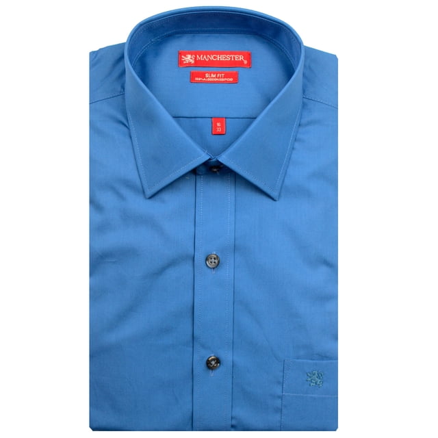 Manchester Camisa de Vestir Slim Fit Turquesa, 15.5" Cuello 35" Manga Manchester 59950G