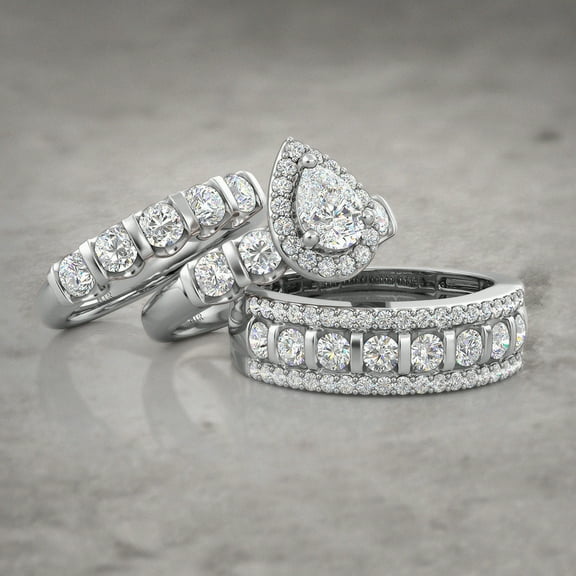 Bluebell Jewels His & Her Wedding Engagement Trio Ring Set For Gift Round Cut CZ 925 Silver