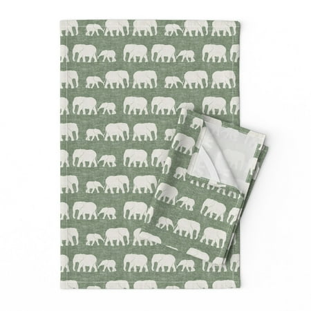 

Printed Tea Towel Linen Cotton Canvas - Elephants Sage Green Elephant Trendy Neutral Boho Gender Baby Animals Africa Inspired Safari Print Decorative Kitchen Towel by Spoonflower