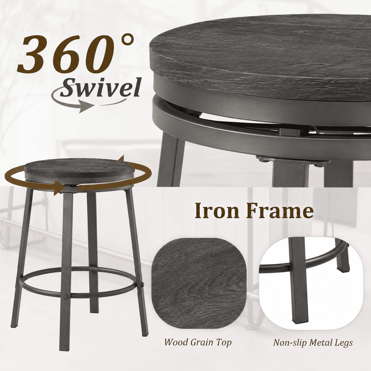 MOONMISS 360° Degree Swivel Bar Stool - Counter Height Metal Frame Stool for Kitchen Island, Home Bar &Cafe(Setof 2),Black