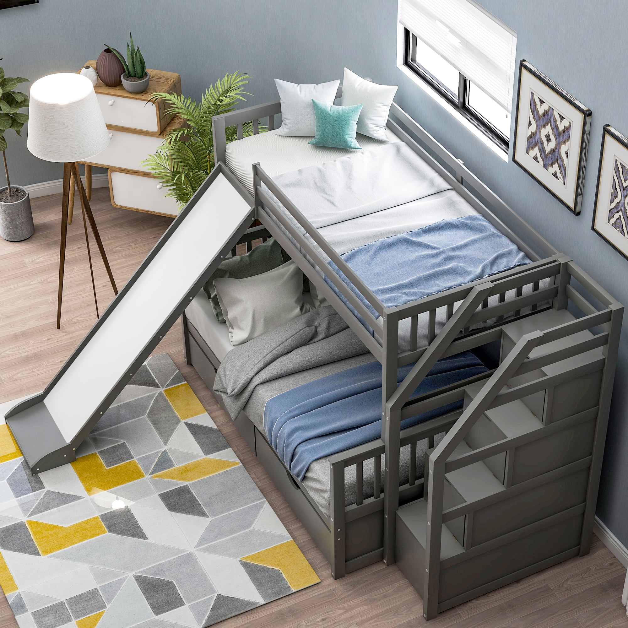 Euroco Wood Twin over Full Bunk with Drawers and Slide, Storage Staircase for Kids Teen Adults, Gray
