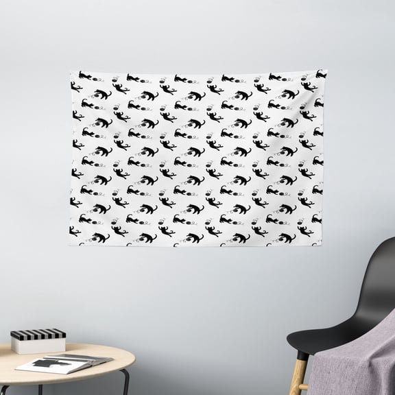 Cat Tapestry, Cute Domestic Animals Chasing After Yarn Balls Jumping Playful Kitties Feline Fun, Wall Hanging for Bedroom Living Room Dorm Decor, 60W X 40L Inches, Black White, by Ambesonne