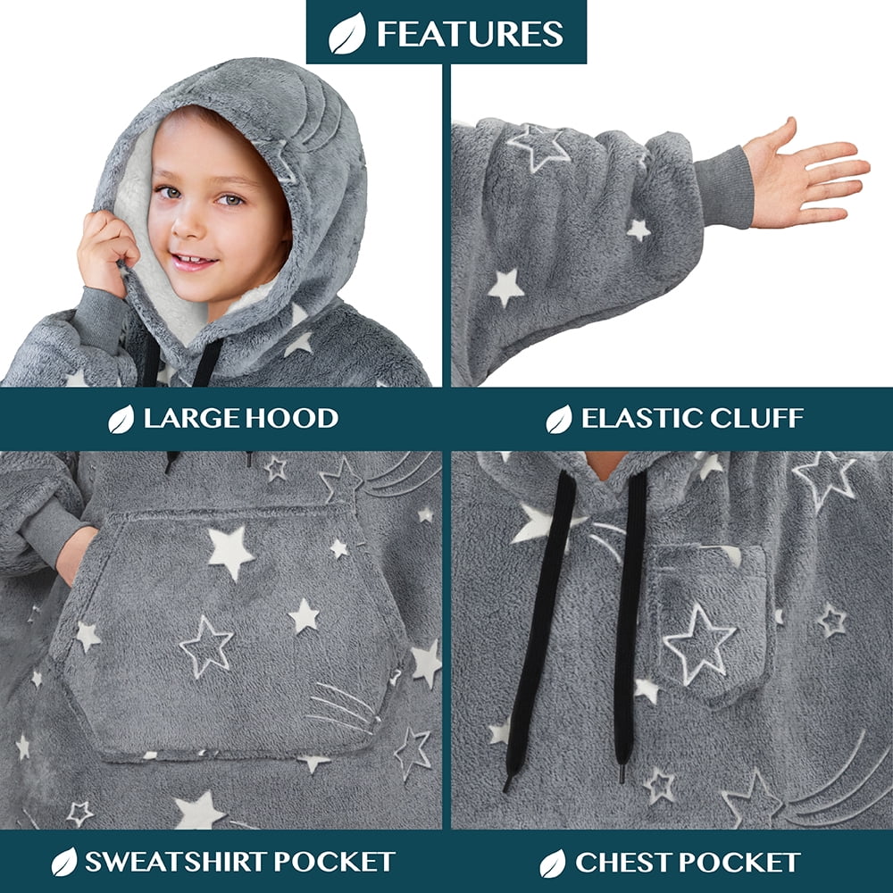PAVILIA Wearable Blanket Sweatshirt for Kids Boy Girl Glow in the Dark Star, Warm Cozy Giant Blanket Hoodie, Fleece Sherpa Oversized Blanket Sweatshirt with Sleeves, Big Pocket, Christmas Gift
