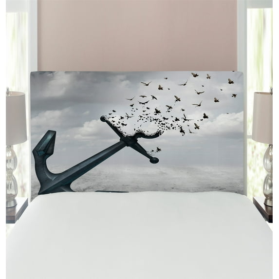 Birds Headboard, Anchor Turns into Group of Flying Birds Seagulls for Liberty and Hope Mood Graphic Art, Upholstered Decorative Metal Bed Headboard with Memory Foam, Twin Size, Grey, by Ambesonne