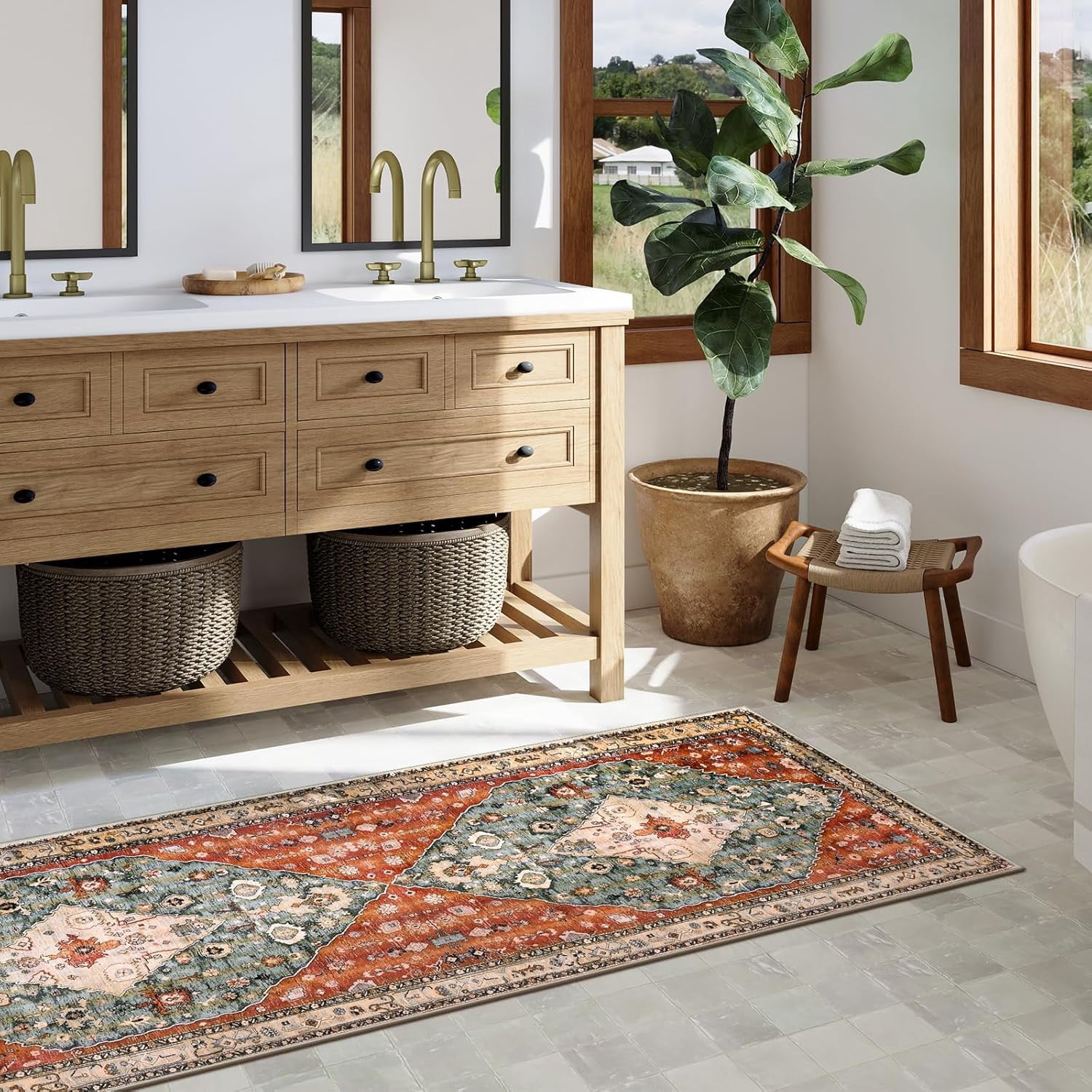 Boho Tribal 2x6 Washable Runners for Hallways Non Slip, Bohemian Kitchen Mats for Floor, Vintage Bathroom Entryway Carpet Runner for Laundry Living Bedroom (Rust/Dull Teal,2x6ft)