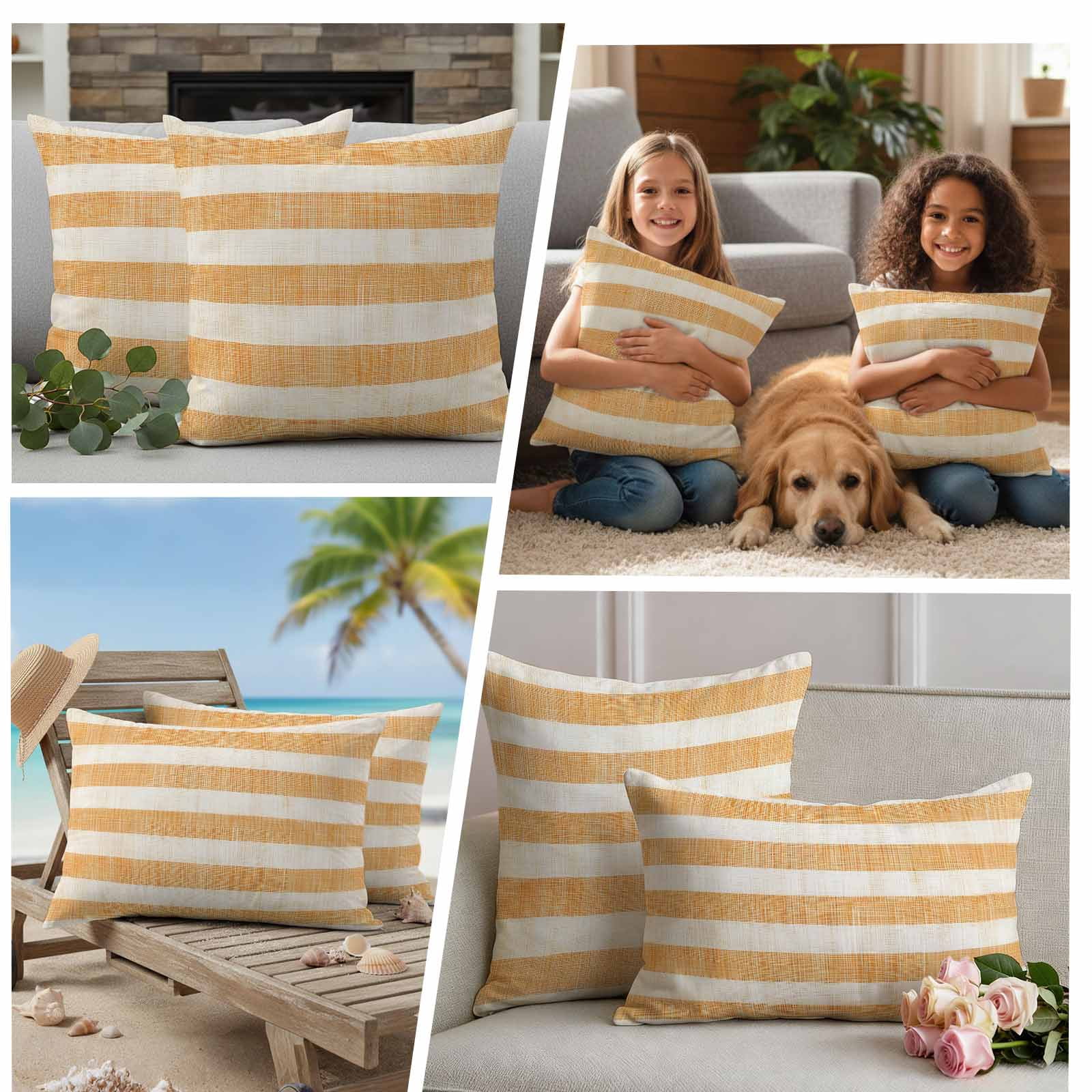 Burnt Orange Striped Outdoor Waterproof Pillow Covers, Farmhouse Vintage Stripes Decorative Square Throw Pillowcase Sofa Cushion Sham for Patio/Couch/Chair, 16"x16" 2 Pack