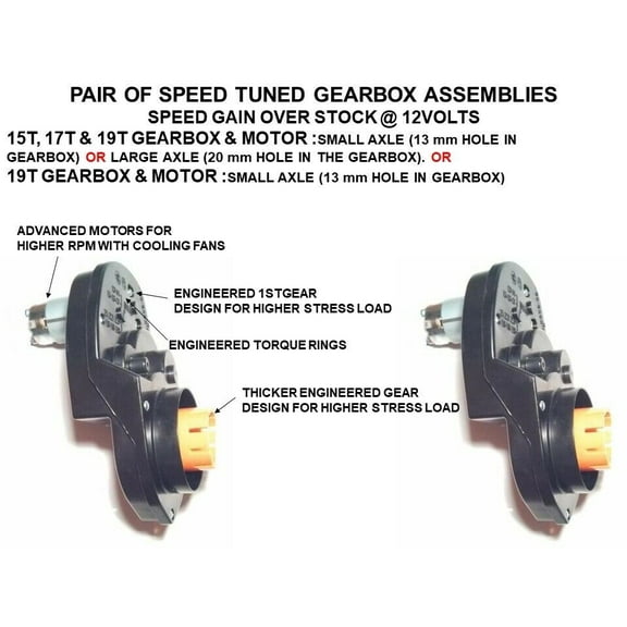 POWER WHEELS PAIR SPEED MODIFIED 19T GEARBOX & MOTORS @ 12v or @18v or @24v