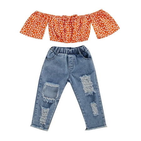 

Canrulo 2PCS Toddler Kid Baby Girls Off Shoulder Floral Crop Tops+Ripped Denim Pants Orange 2-3 Years
