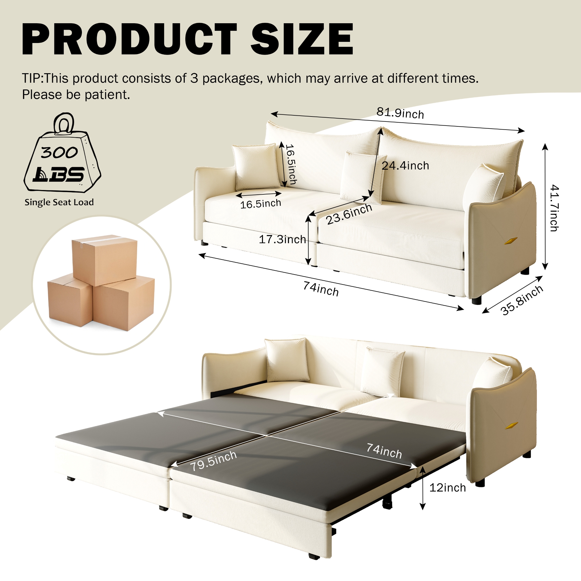 LLappuil 82" Pull Out Sofa Bed King Size, Loveseat Sofa Convertible Sofa Bed, Velvet 3 Seat Sofa Couch for Living Room Beige