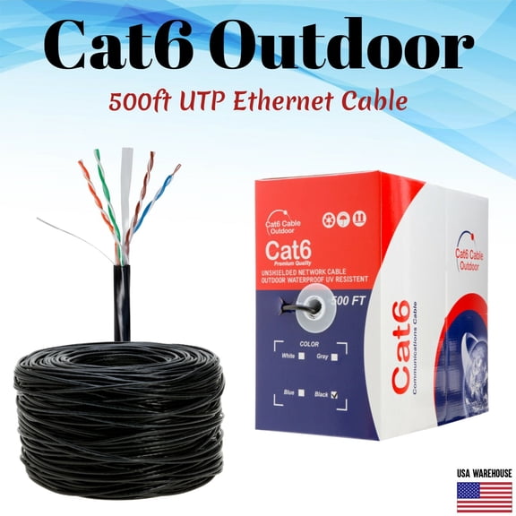 Shielded 500ft Outdoor Cat6 Ethernet Cable FTP Solid Direct Burial Black UV