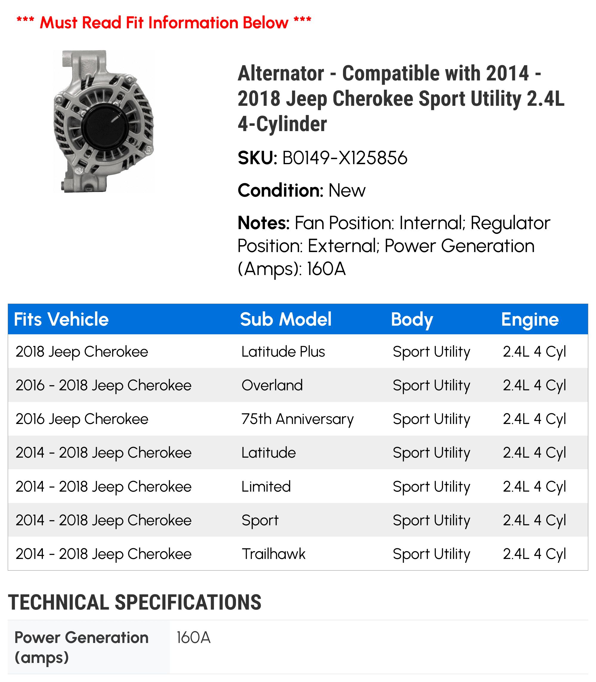 Alternator - Compatible with 2014 - 2018 Jeep Cherokee Sport Utility 2.4L 4-Cylinder 2015 2016 2017