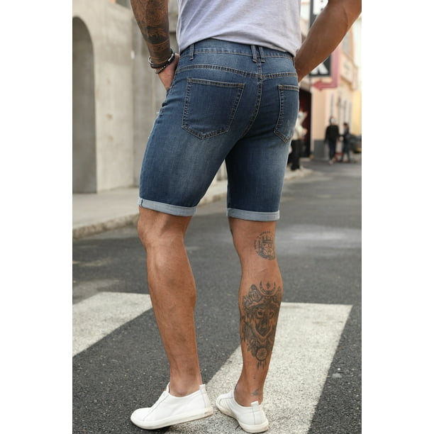 Poglip Men's Blue Slim-Fit Ripped Men's Jean Shorts S