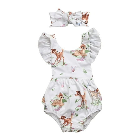 

Musuos Baby Girls Cartoon Elk Print Romper Bodysuit Jumpsuit with Bow Headband