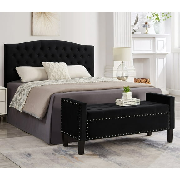 Upholstered Tufted Button Storage Bench with nails trim,Entryway Living Room Soft Padded Seat with Armrest,Bed Bench-Black