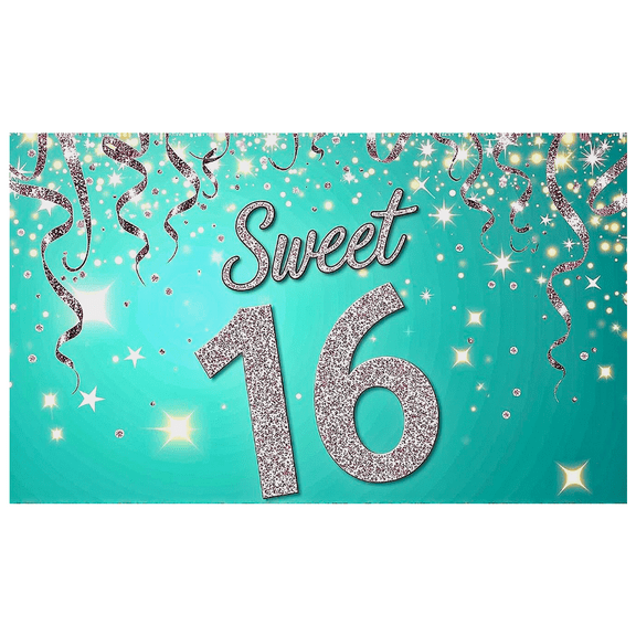 Teal Glittery Sweet 16 Backdrop Banner Party Decorations Background Photography Props for Sweet 16 Birthday Celebrations Party Supplies Decors