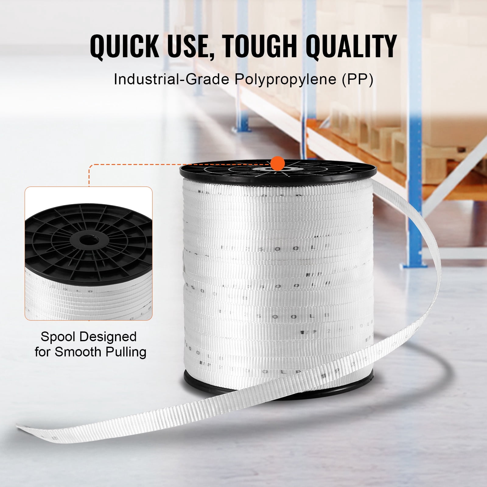 VEVOR Polyester Pull Tape, 3/4" x 1053' Mule Tape Flat Rope, 2500 lbf Tensile Capacity, Printed Webbing Cable Pulling Tape for Packaging, Gardening, Commercial Electrical, Conduit Work, White