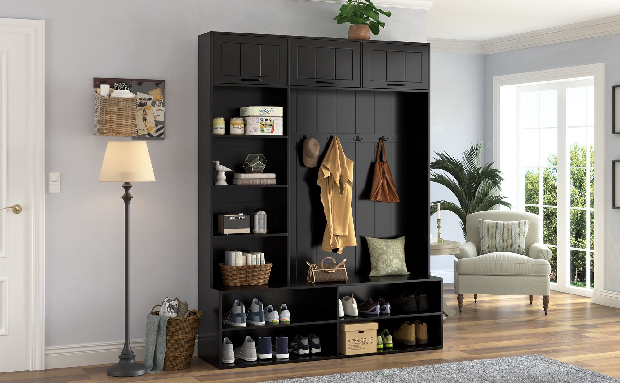 Mintazer 5-in-1 Farmhouse Hall Tree with Bench and Shoe Storage, 79"H Entryway Storage Organizer with Coat Rack & Hooks for Hallway, Living Room, Black