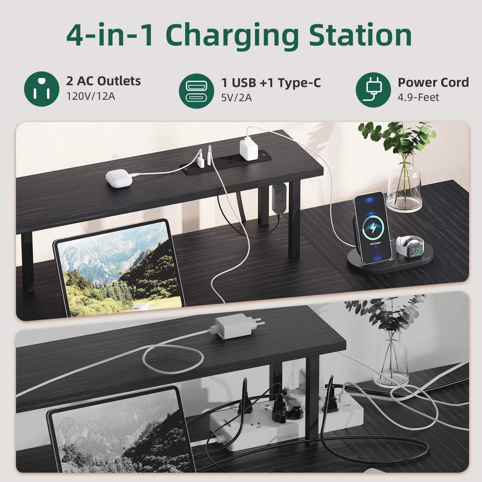 Eunos 61 inch L Shaped Gaming Desk with Power Outlets & LED Light, Computer Desk with 4 Tiers Drawers for Home Office, Black