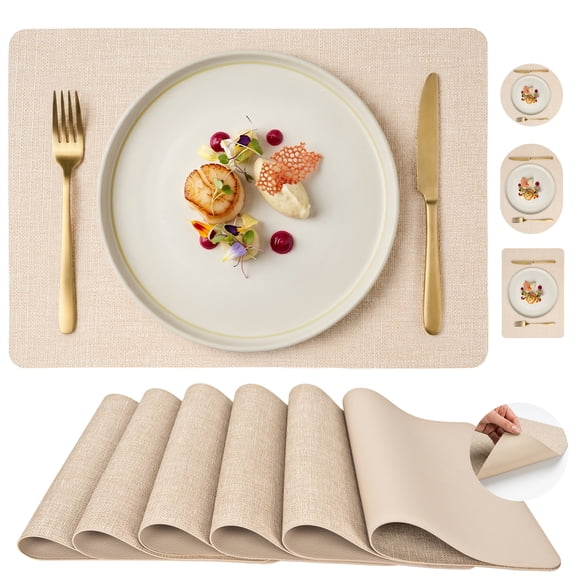 PROMATTOO Faux Leather Placemats Set of 6,Heat Resistant Dining Table Mats,17”x12”,Ivory Beige