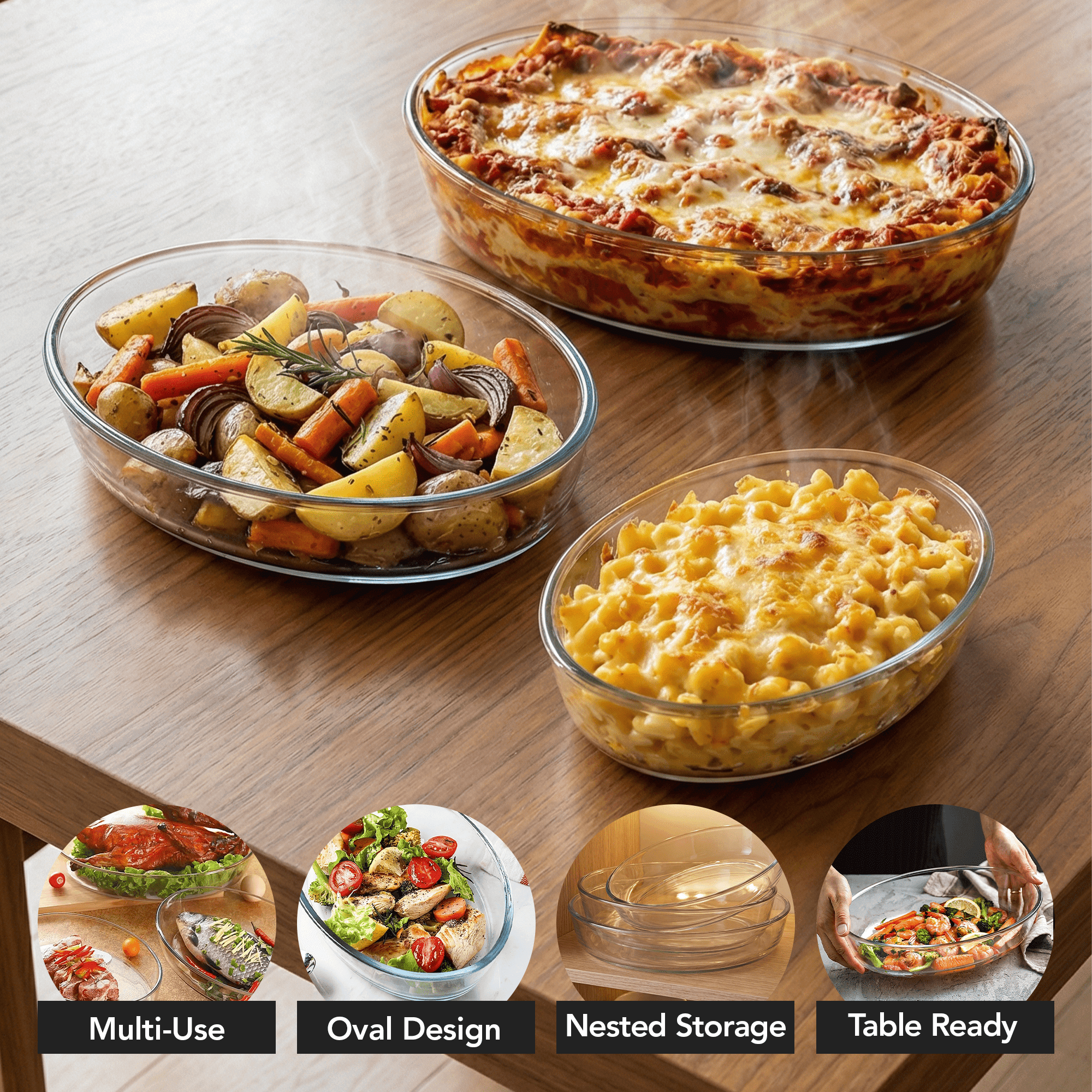 OVENTE Glass Baking Dish Set, 3-Piece Value Pack Oval Bakeware 0.7L/1.6L/2.4L, Oven, Microwave & Dishwasher Safe, Perfect for Lasagna Casserole, Deserts, Food Prep, Serving & Reheating, Clear GBD33