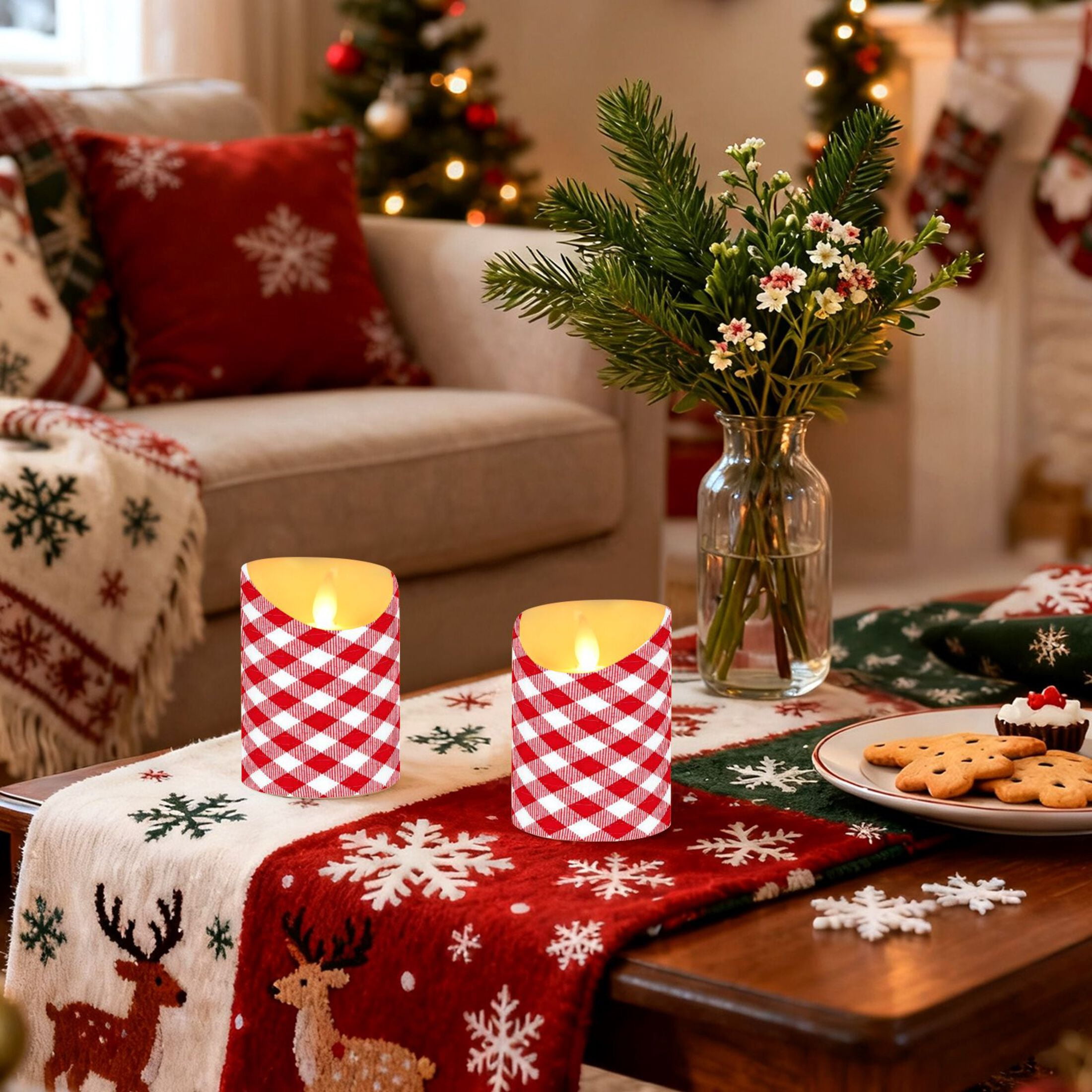 Iauyy Flameless Candles Battery Operated LED Pillar Candles with Remote and Timer, Red and White Checkered Pattern Set of 2 （M)