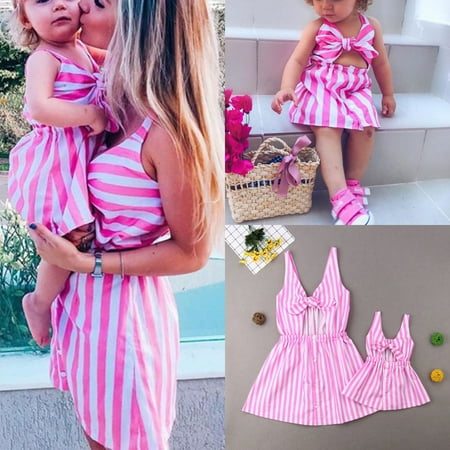 Family Matching Summer Clothes Women Mom Kids Girls Sleeveless Stripe Bow Maxi