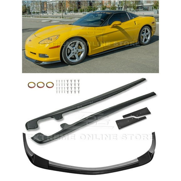 Replacement For 2005-2013 Chevrolet Corvette C6 Base Models | EOS ZR1 Style ABS Plastic Front Bumper Lower Lip Splitter With Side Skirt Panels Mud Flaps Pair
