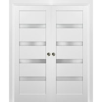 French Double Pocket Doors 64 x 96 with Frames | Quadro 4113 White Silk with Frosted Opaque Glass | Kit Trims Rail Hardware | Solid Wood Interior Pantry Kitchen Bedroom Sliding Closet Sturdy Door
