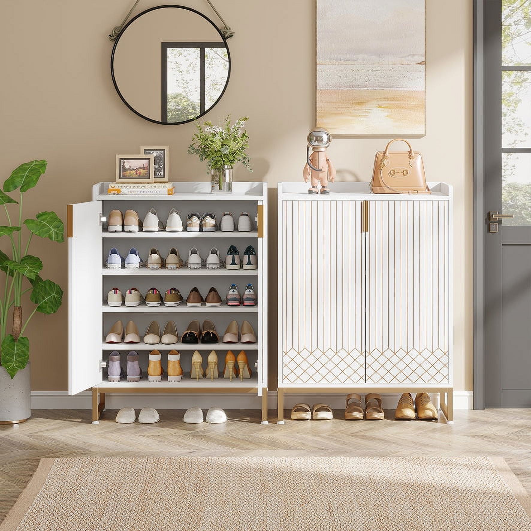 Tribesigns Shoe Cabinet for Entryway, 25 Pairs Shoe Cabinets with Doors, 5-Tier Wood Shoes Rack Organizer, White and Gold