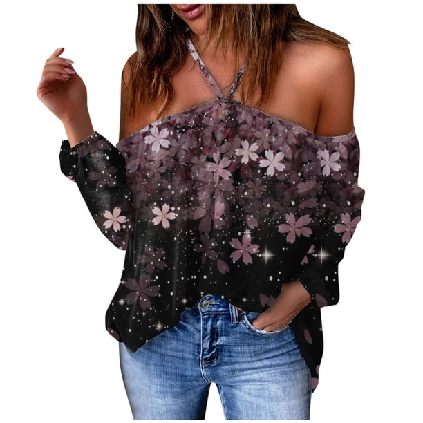Mujeres Flores Impresión Cuello en V Manga larga Halter Sexy Fuera del hombro Camiseta Casual Tops Blusa Fridja czfsfas4508