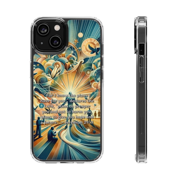 DistinctInk Hybrid (Acrylic / TPU) Clear Slim Fit Case for Apple iPhone 14 (6.1" Screen) - "Divine Plans: Prosperity, Hope, and Future - Jeremiah 29:11"