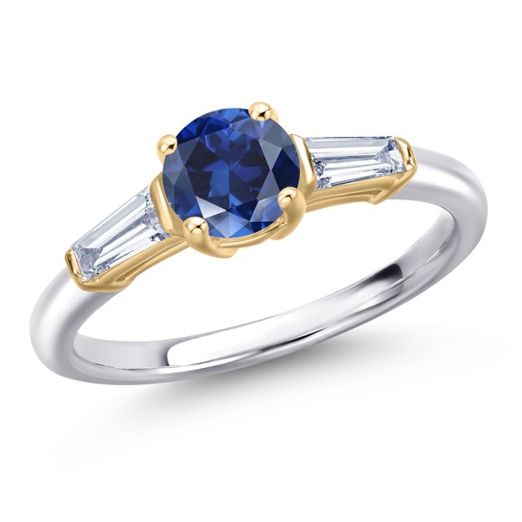 Gem Stone King 925 Silver and 10K Yellow Gold Blue Created Sapphire and Lab Grown Diamond Engagement Ring for Women | 1.30 Cttw | Round 6MM | Gemstone September Birthstone | Size 8