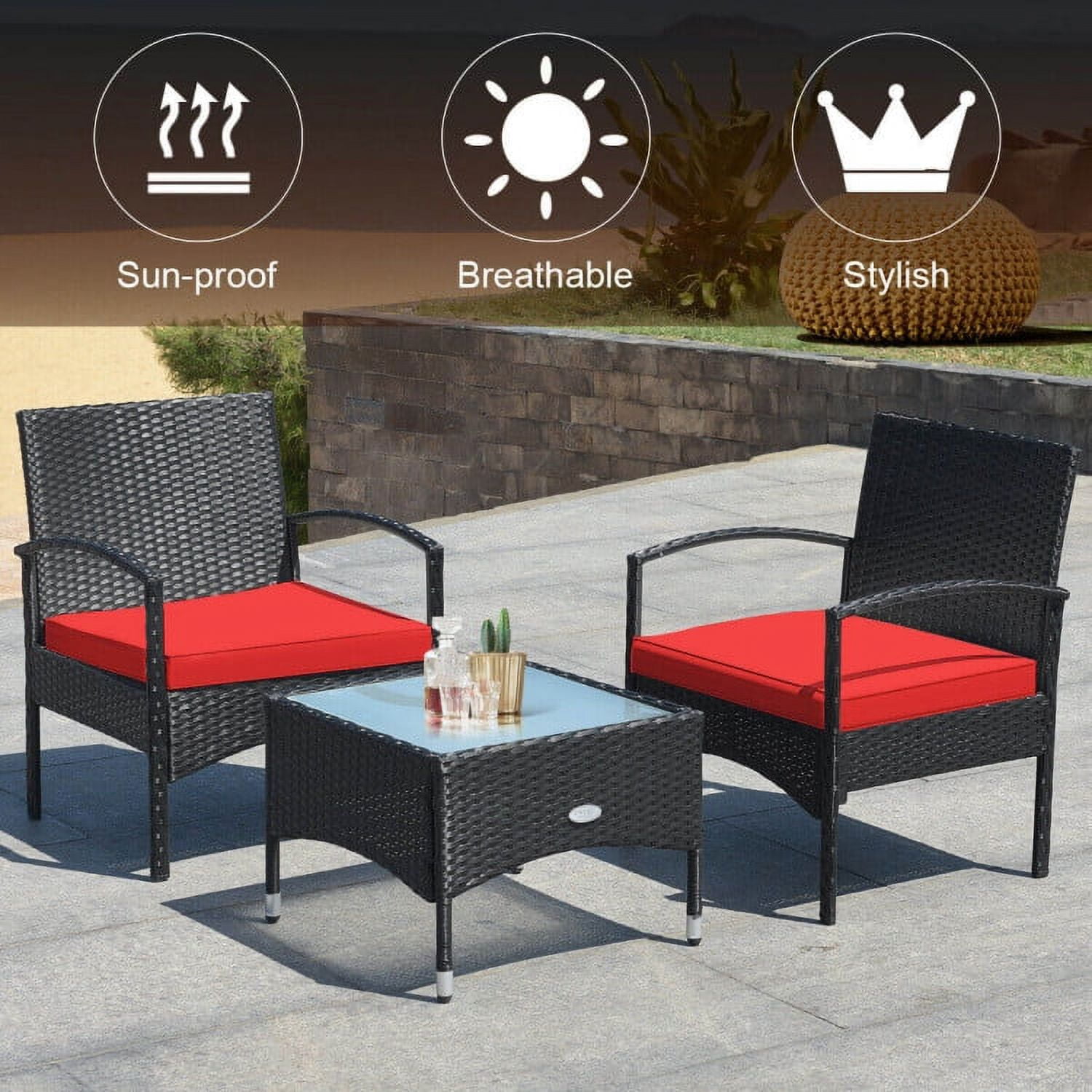 Aimee Lii 3 Pieces Patio Wicker Rattan Furniture Set with Cushion for Lawn Backyard, Rattaner Outdoor Patio Furniture, Red