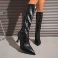 thumbnail image 2 of Women's Crinkled Leather Pointed Toe Knee High Boots, Slim Flared High Heel Side Zipper Tall Dress Boots, Elegant Stiletto Calf Boots Black 7.5(40), 2 of 9