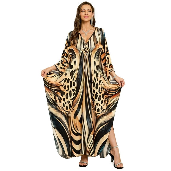 Women's Plus Size Kaftan Maxi Beach Dress Swimwear Cover up V Neck Caftan Loungewear Print Beachwear Vacation Outfit