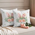 thumbnail image 2 of Easter Rabbit Ears Pillow Covers 2 Pack Spring Pink Flowers Green Leaf Plant Light Grey Plaid Pillowcase Waterproof Outdoor Throw Pillow Cover for Patio Garden Square Cushion 18”x18”, 2 of 9