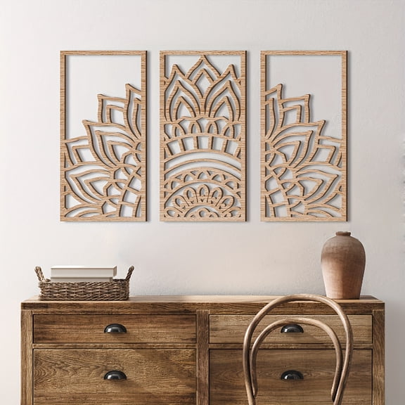 Set of 3 Lotus Flower Wall Art | Hand-Carved Mandala Wood Signs | Spiritual Meditation Decor for Yoga Studio & Office | Boho Natural Wooden Hanging Plaques | 8x16 Inch