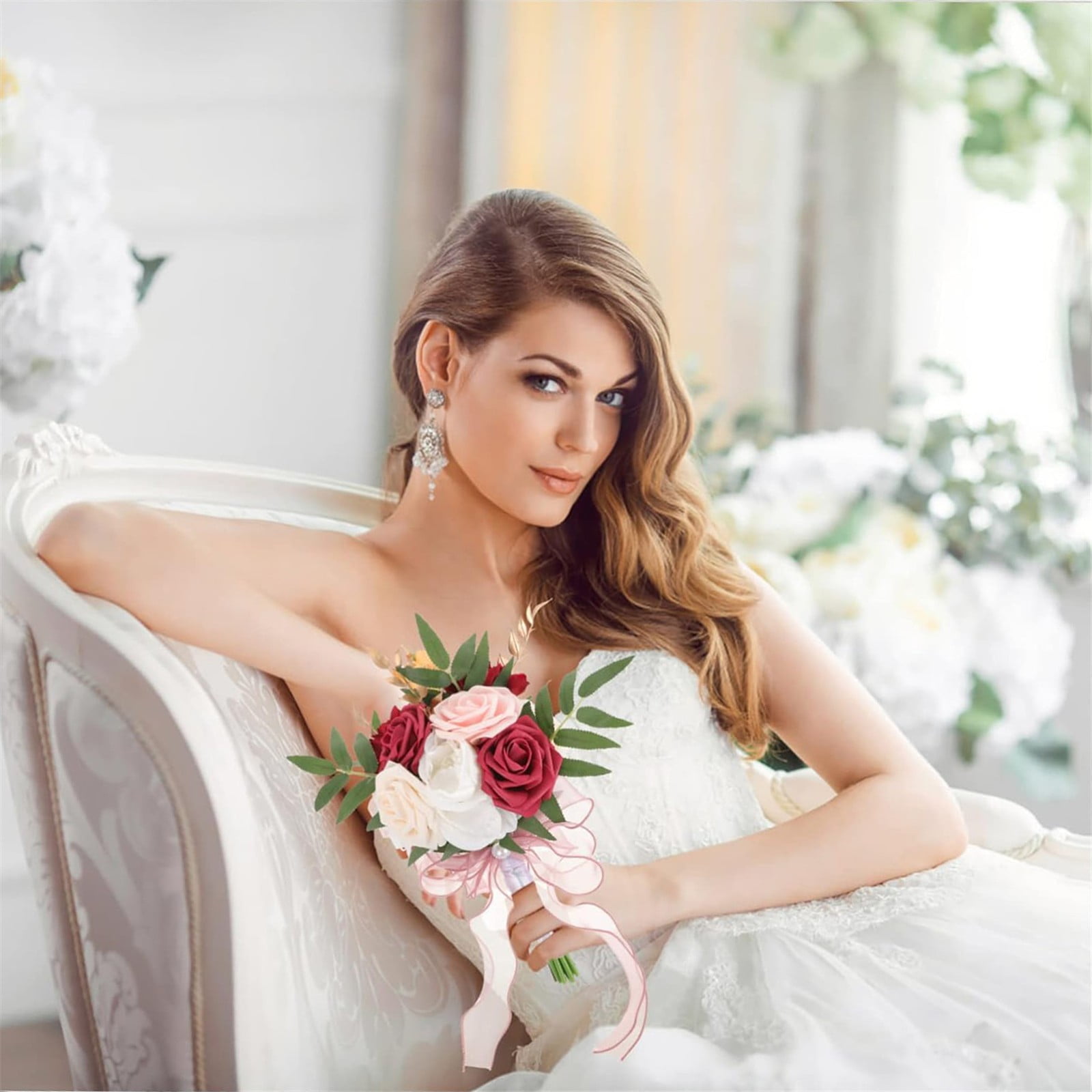 FXMLRLK 1 Pack Dusty Blue Wedding Bouquets for Bride Bridesmaid, White Wedding Artificial Flowers for Wedding Bouquets Ceremony, Anniversary