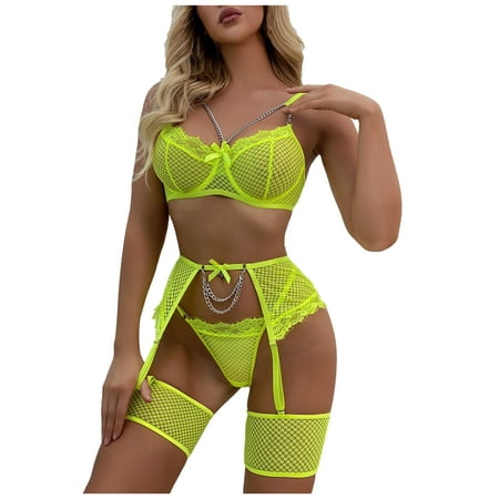 

Hfyihgf Garter Set Lingerie for Women See-Through Fishnet Sexy Underwire Lace 4 Piece Sets Chain Bralette Bra and G-String Thongs(Green L)
