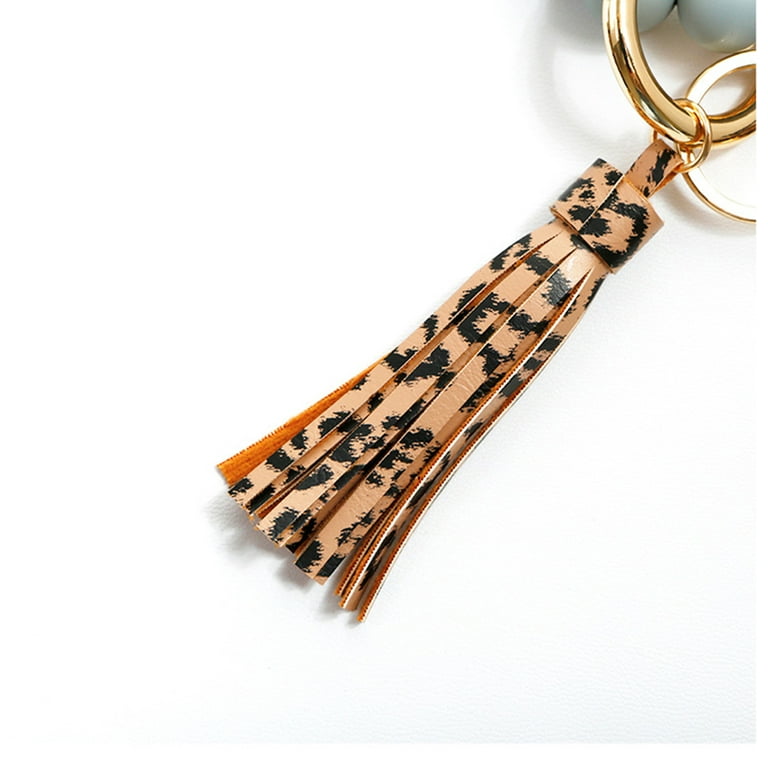 Wristlet Keychain Silicone Beaded Bracelet Leather Tassel Wallet Bangle Car  Key Ring Card Holder for Women Girls 