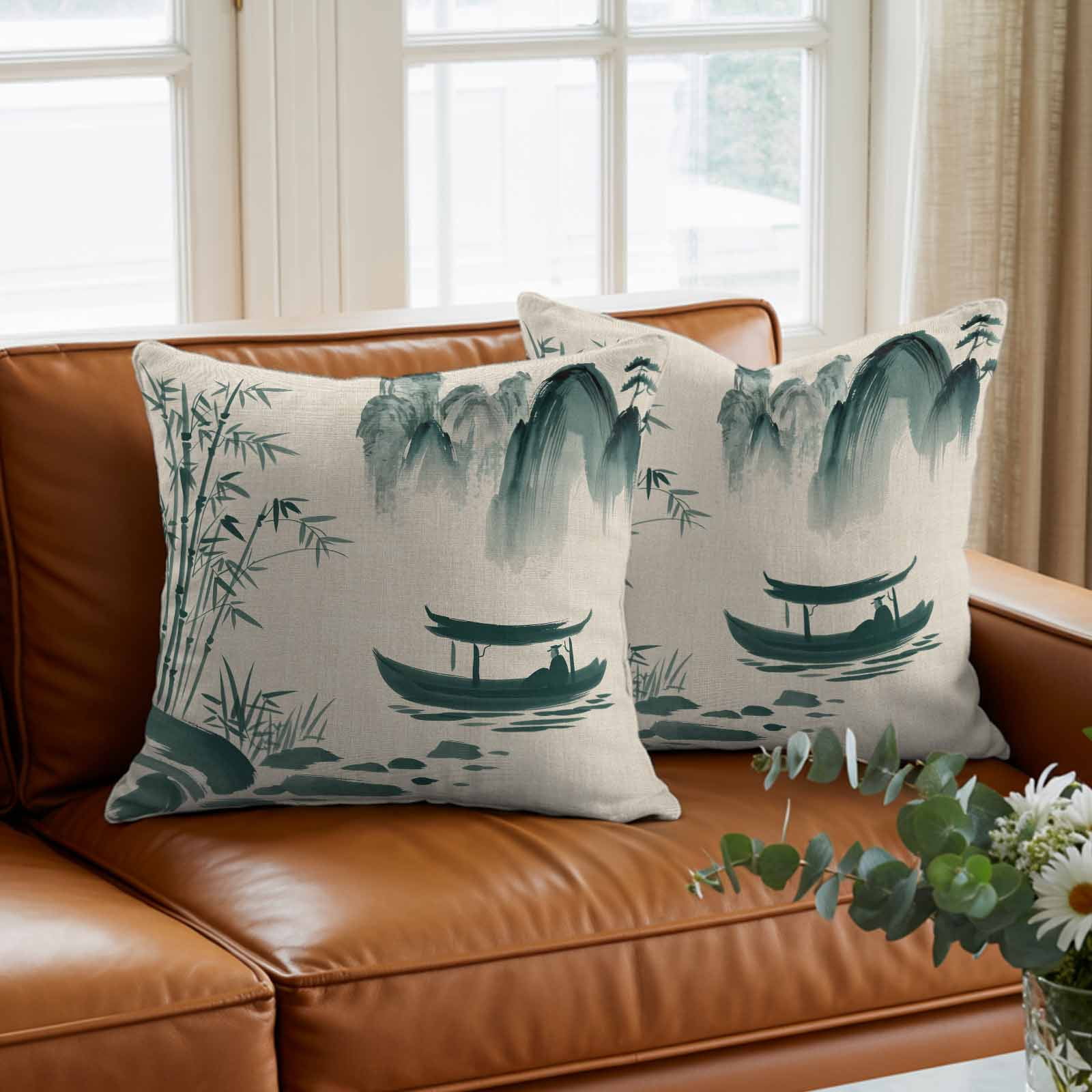 Throw Pillow Covers 26 x 26 Inch, Green Mountains Cotton Linen Pillows Cases, Modern Watercolor Nature Country Landscape Square Cushion Covers for Couch Sofa Bed