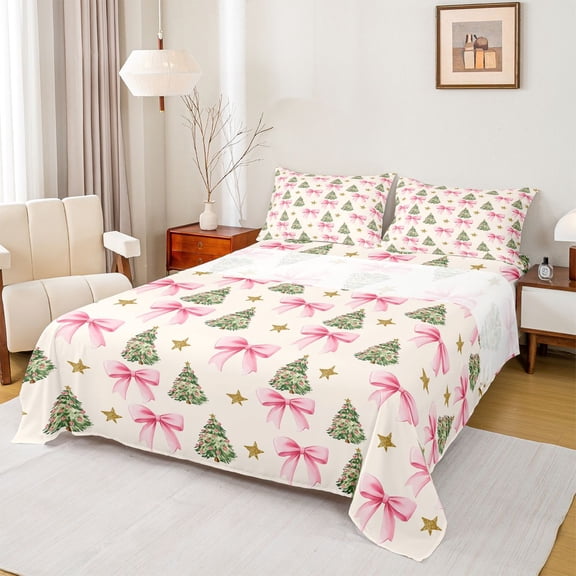 jejeloiu Cute Bowtie Ribbon Twin Sheet Sets,Chic Xmas Tree Twin Fitted Sheet,Happy New Year Flat Sheet For Girl,Luxury Bedroom Decor,3pcs