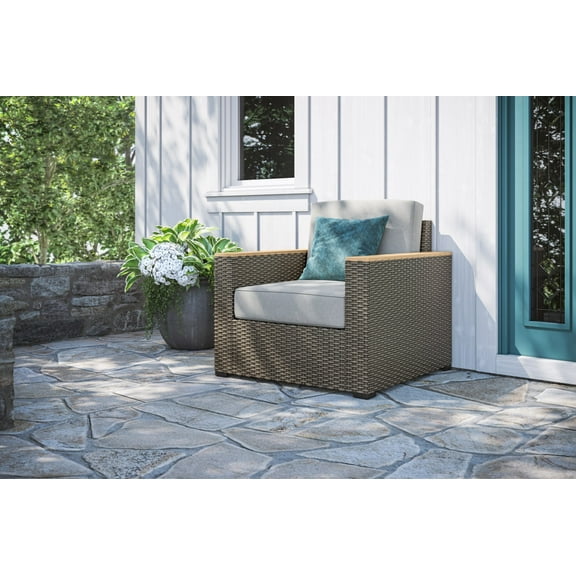 Homestyles Boca Raton Outdoor Armchair made with Weather-Resistant, Handwoven, Dark Gray Rattan and Fade-Resistant, Gray Cushion Fabric