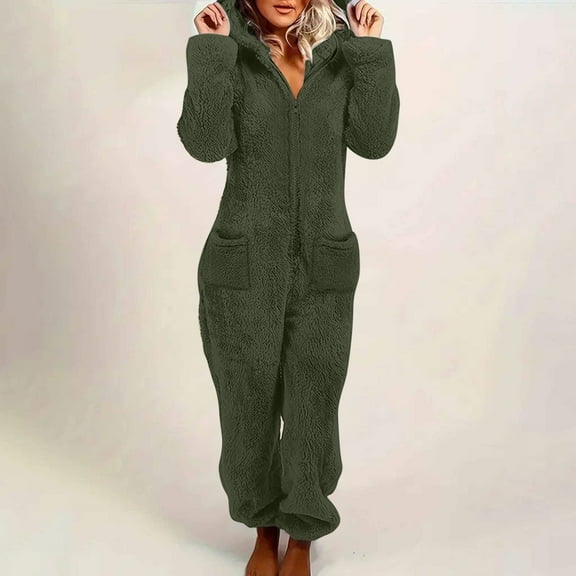 SDNall Womens Fleece Onesies Pajamas Jumpsuit Warm Romper Sleepwear One Piece Zipper Hooded Playsuit Loungewear Side Pocket Jumpsuit (Army Green,S-2XL)